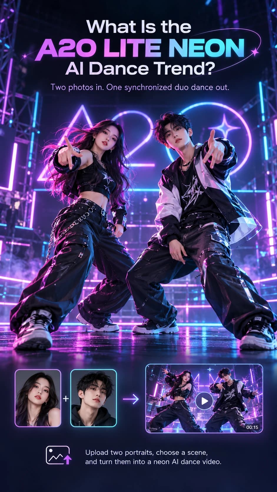 AI concept artwork infographic showing two separate portraits becoming a synchronized neon duo dance video.